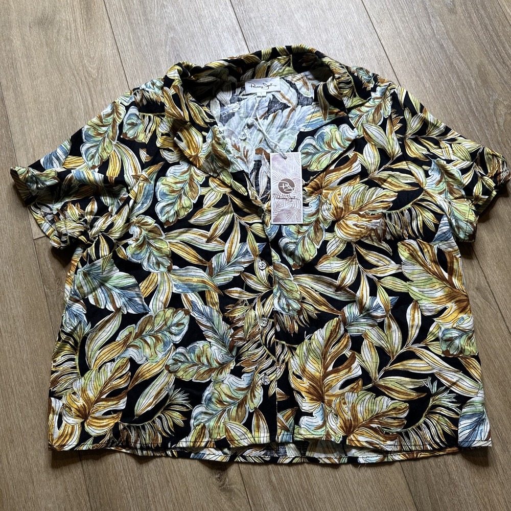 Panama Jack‎ Women's Hawaiian Shirt Crop Large Linen Blend Black
